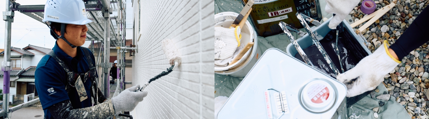 建設・リノベーション作業のバナー。左側に足場の上で作業する2人の作業員、右側に外壁を塗装する作業員の様子。