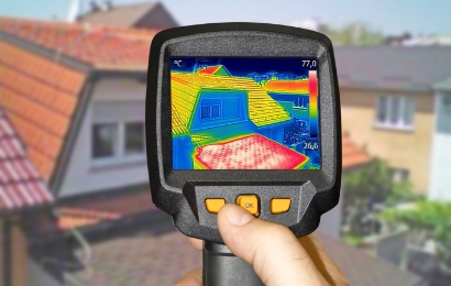 赤外線サーモグラフィーで建物を診断している様子
